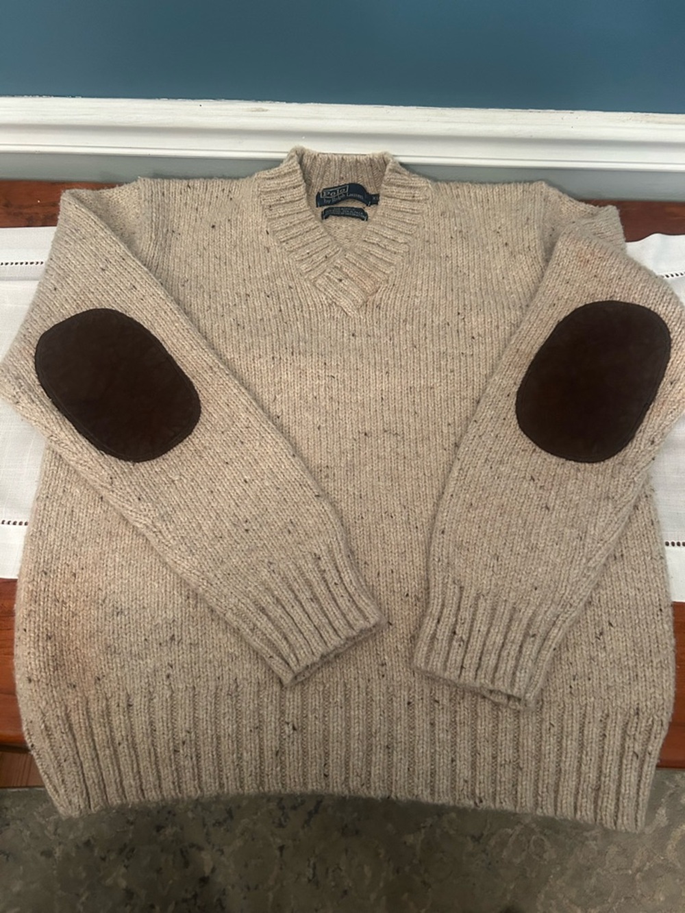 Vintage Men’s Ralph Lauren Cream Speckled V-Neck Sweater wBrown Elbow Patches